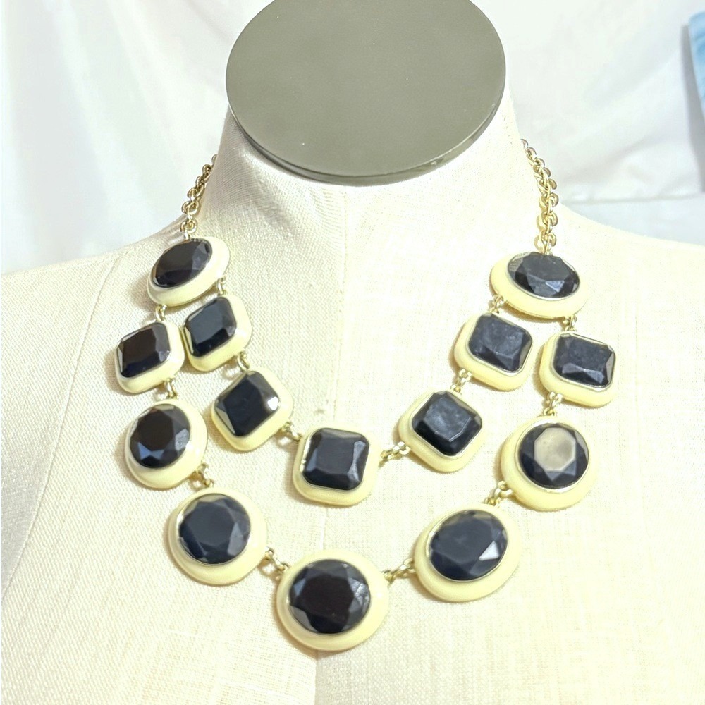 Gold-Tone Double Strand Black Stone cream Statement Necklace 18" 1" extension